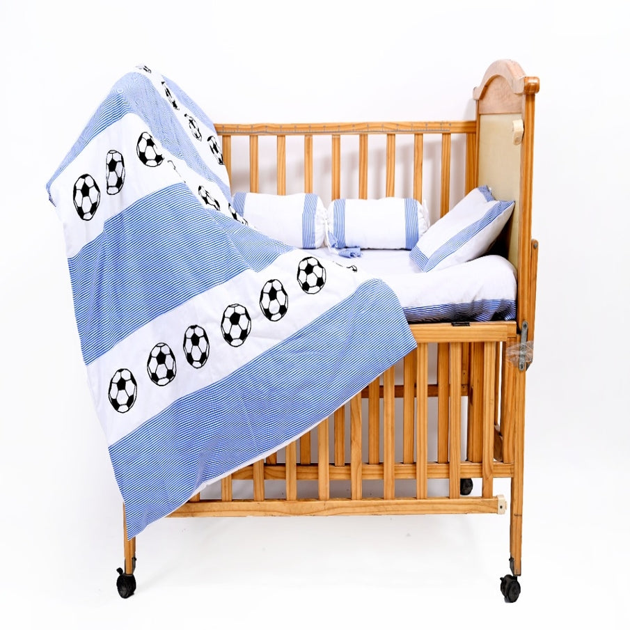 Blue & White Football 5 pcs baby cot bedding set | 1 quilt 1 pillow 2 bolsters 1 Cot Sheet| With Washable covers |100% Cotton for Standard Cot and Crib Sheet, Super Soft, Breathable and Hypoallergenic | COZY CRIBS